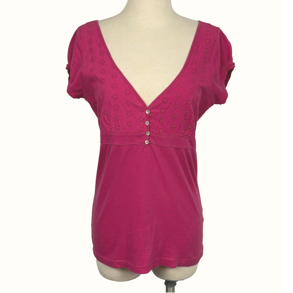 Aeropostale Babydoll Pink Eyelet Top Womens L V Neck Button Front Short Sleeve